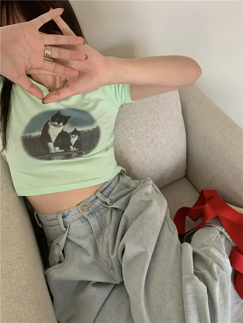 Light Blue Cat Print Crop Top for Girls Summer 2025 — feature 11