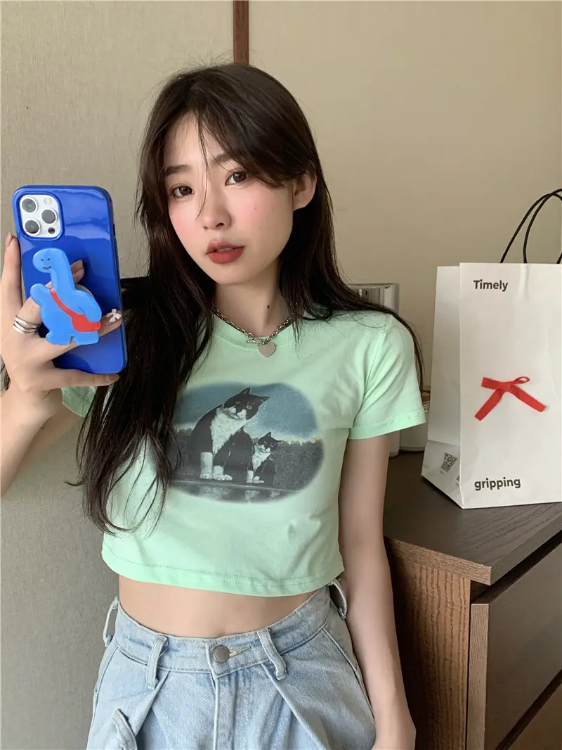 Light Blue Cat Print Crop Top for Girls Summer 2025 — feature 12
