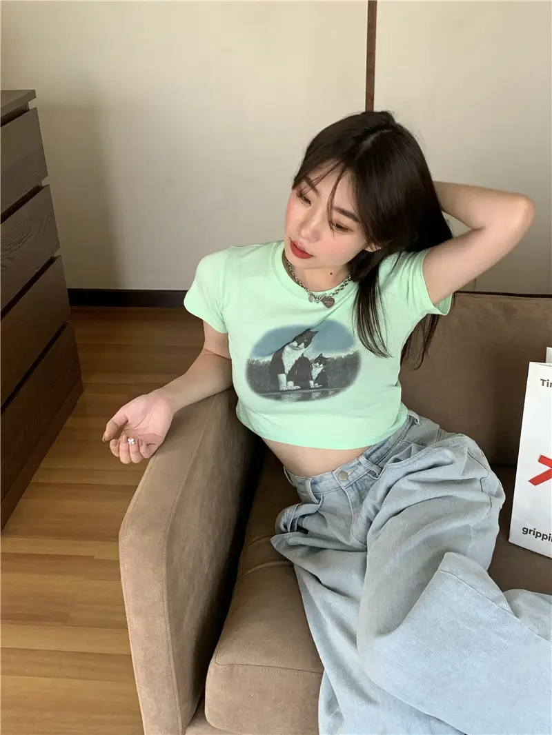 Light Blue Cat Print Crop Top for Girls Summer 2025 — feature 14