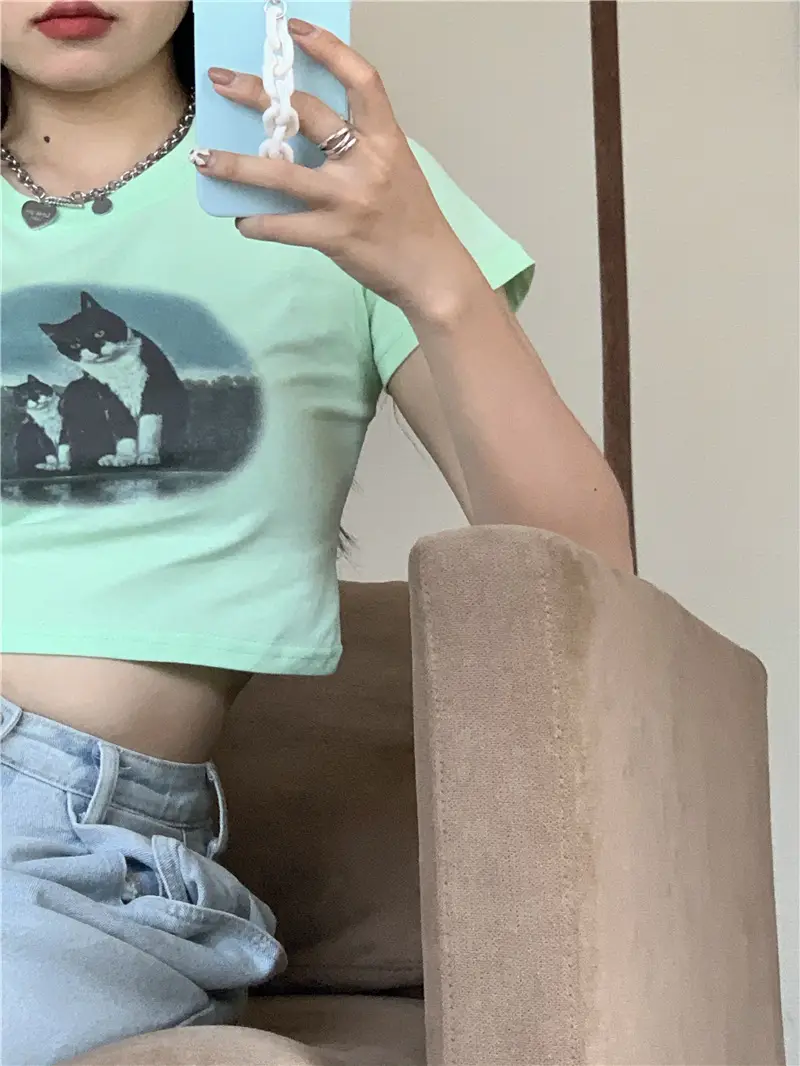 Light Blue Cat Print Crop Top for Girls Summer 2025 — feature 16