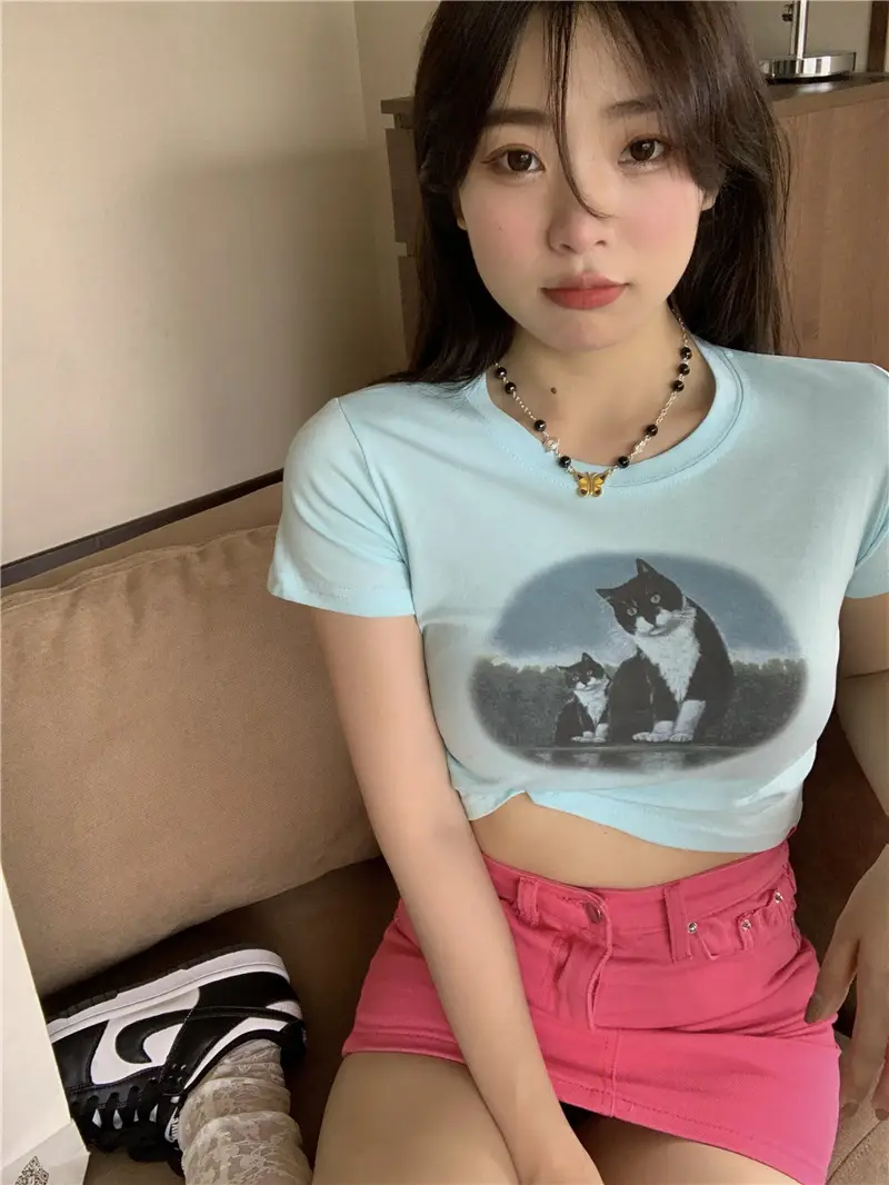 Light Blue Cat Print Crop Top for Girls Summer 2025 — feature 19