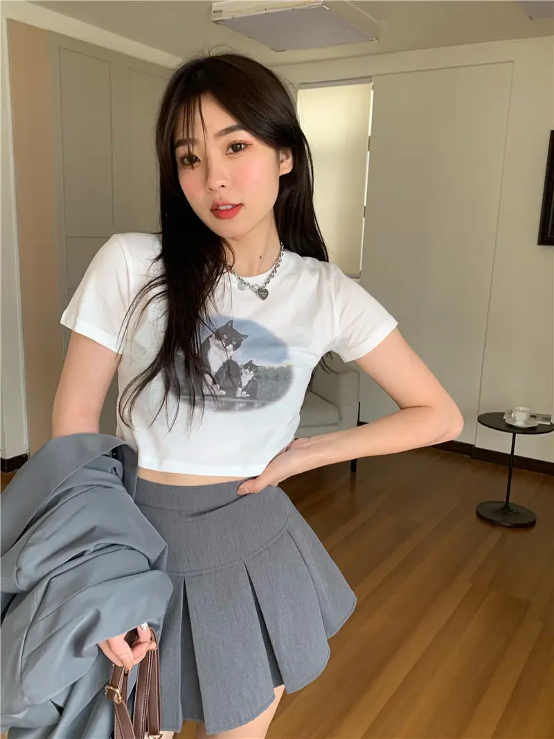 Light Blue Cat Print Crop Top for Girls Summer 2025 — feature 2