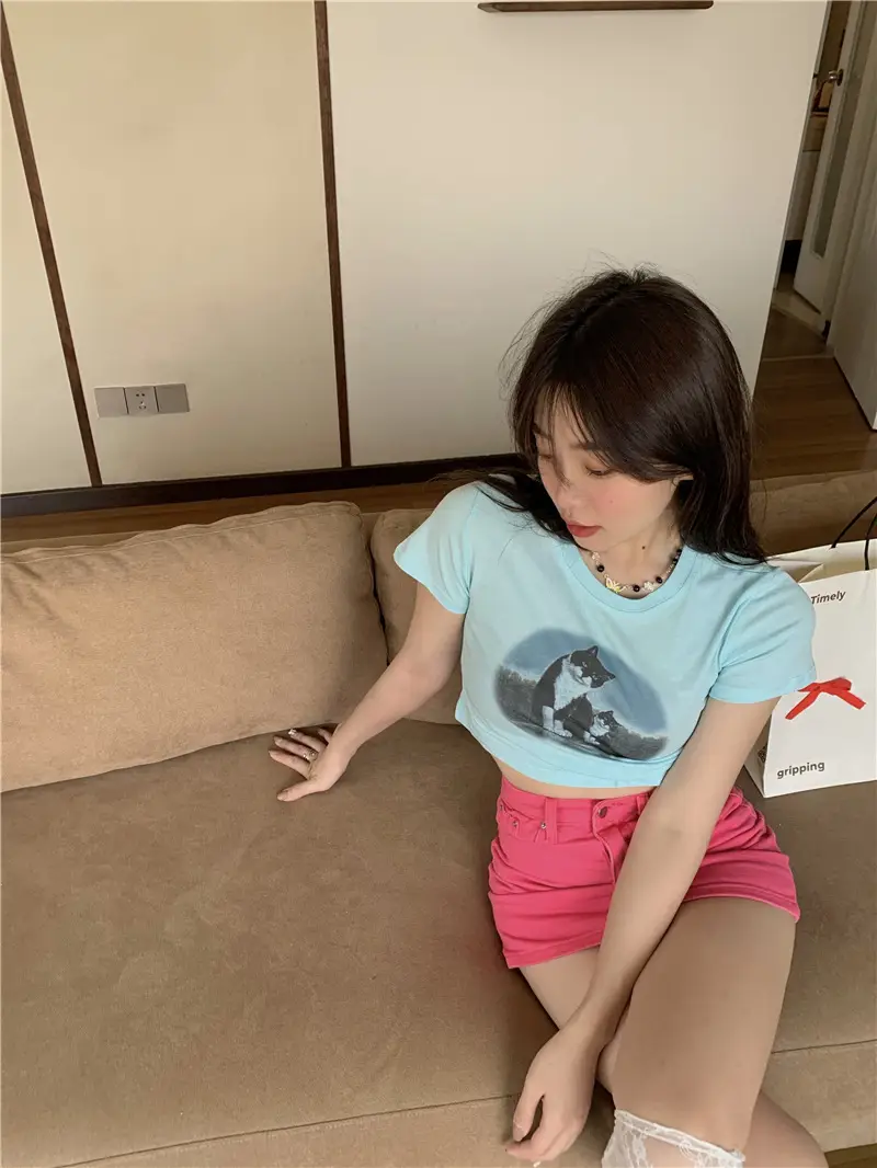 Light Blue Cat Print Crop Top for Girls Summer 2025 — feature 20
