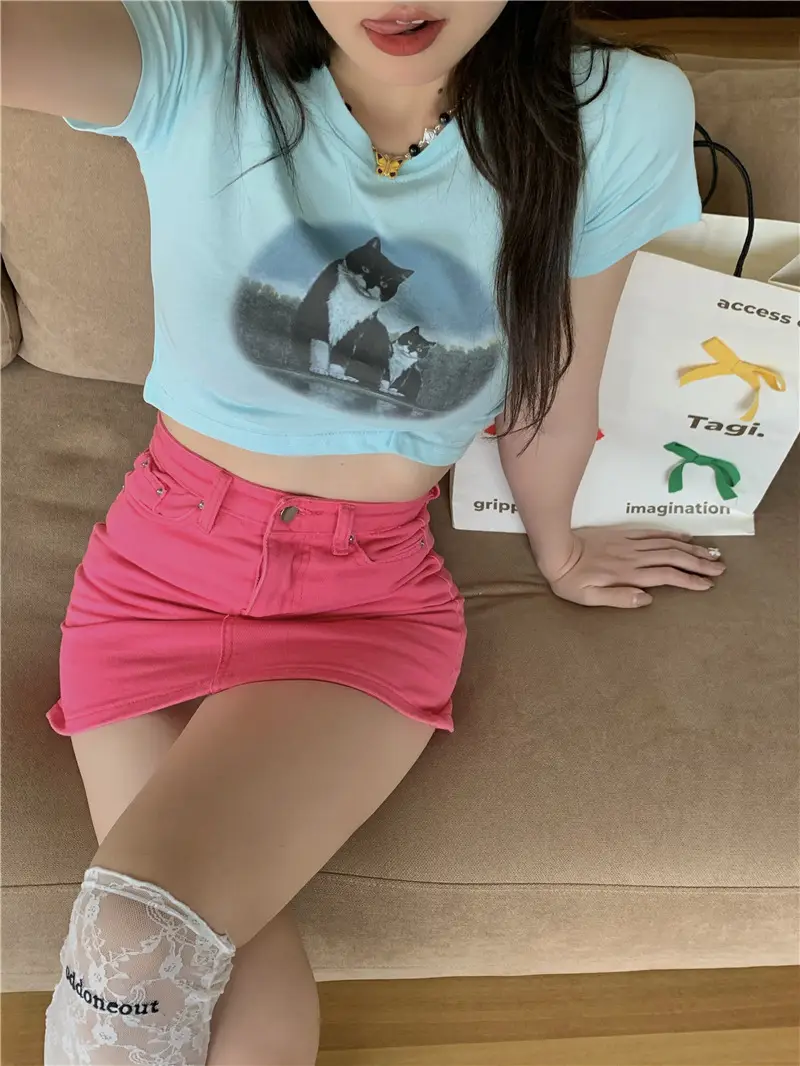 Light Blue Cat Print Crop Top for Girls Summer 2025 — feature 23