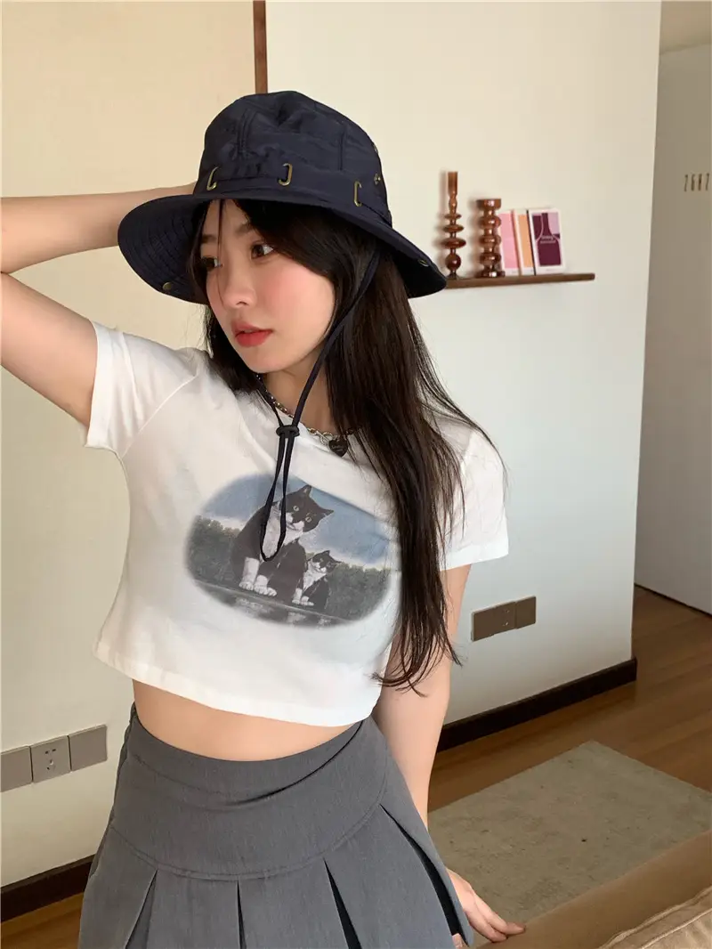 Light Blue Cat Print Crop Top for Girls Summer 2025 — feature 3