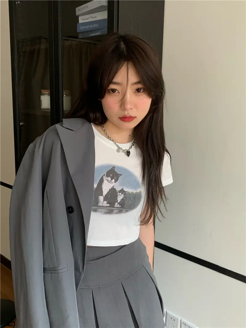 Light Blue Cat Print Crop Top for Girls Summer 2025 — feature 4