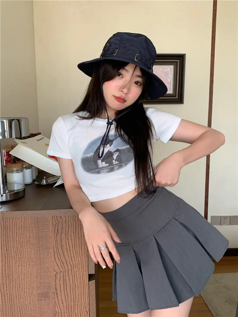 Light Blue Cat Print Crop Top for Girls Summer 2025 — feature 9