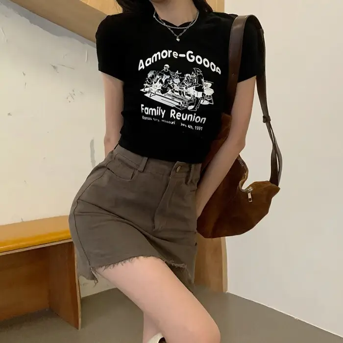 Women 2025 Summer Ins T-Shirt White Half Sleeve Slim Fit