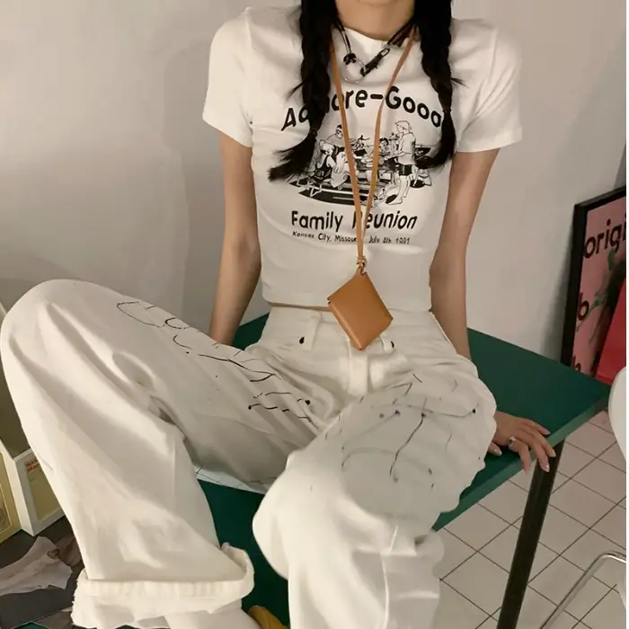 Women 2025 Summer Ins T-Shirt White Half Sleeve Slim Fit
