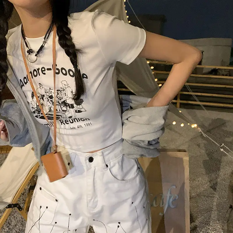 Women 2025 Summer Ins T-Shirt White Half Sleeve Slim Fit