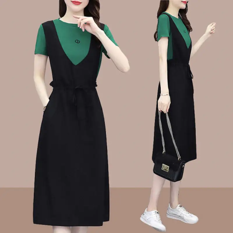 Black Fake Two-Piece Dress for Women Mid-Length Loose Slimming - Image 3