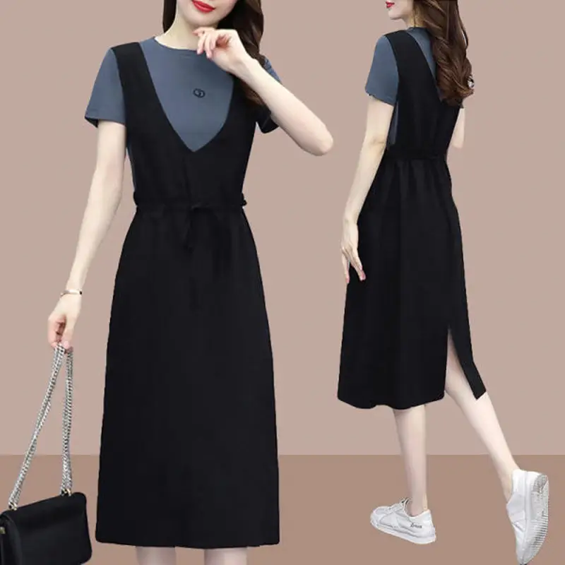 Black Fake Two-Piece Dress for Women Mid-Length Loose Slimming - Image 2
