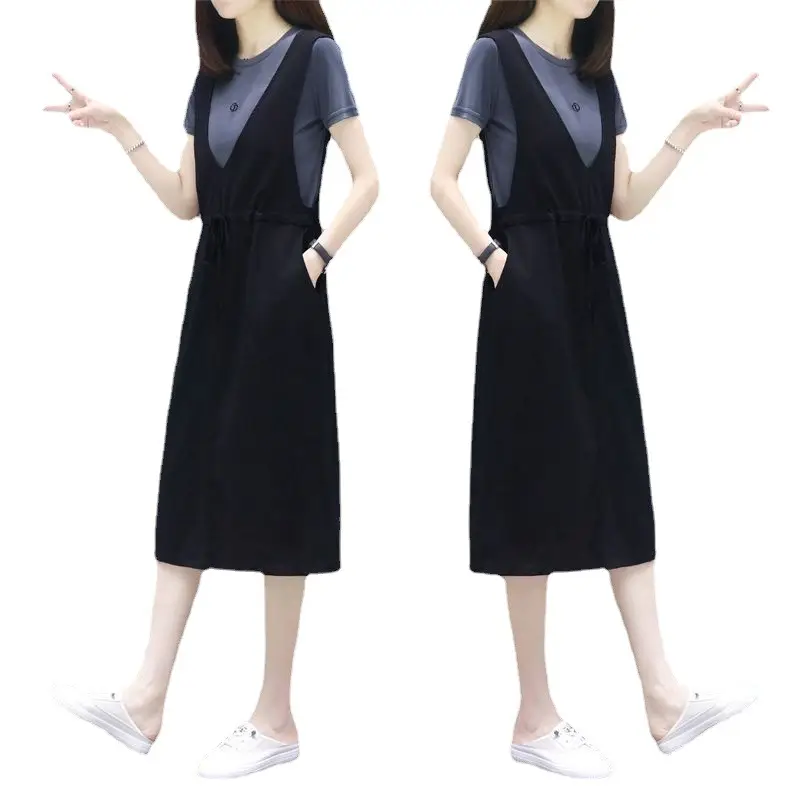Black Fake Two-Piece Dress for Women Mid-Length Loose Slimming - Image 5