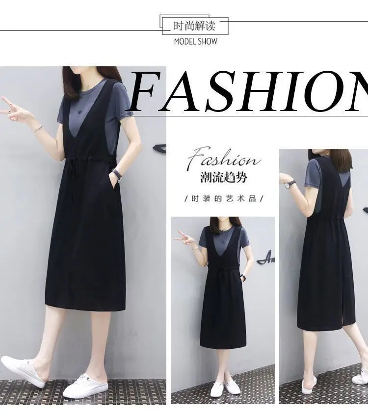 Black Fake Two-Piece Dress for Women Mid-Length Loose Slimming — feature 3