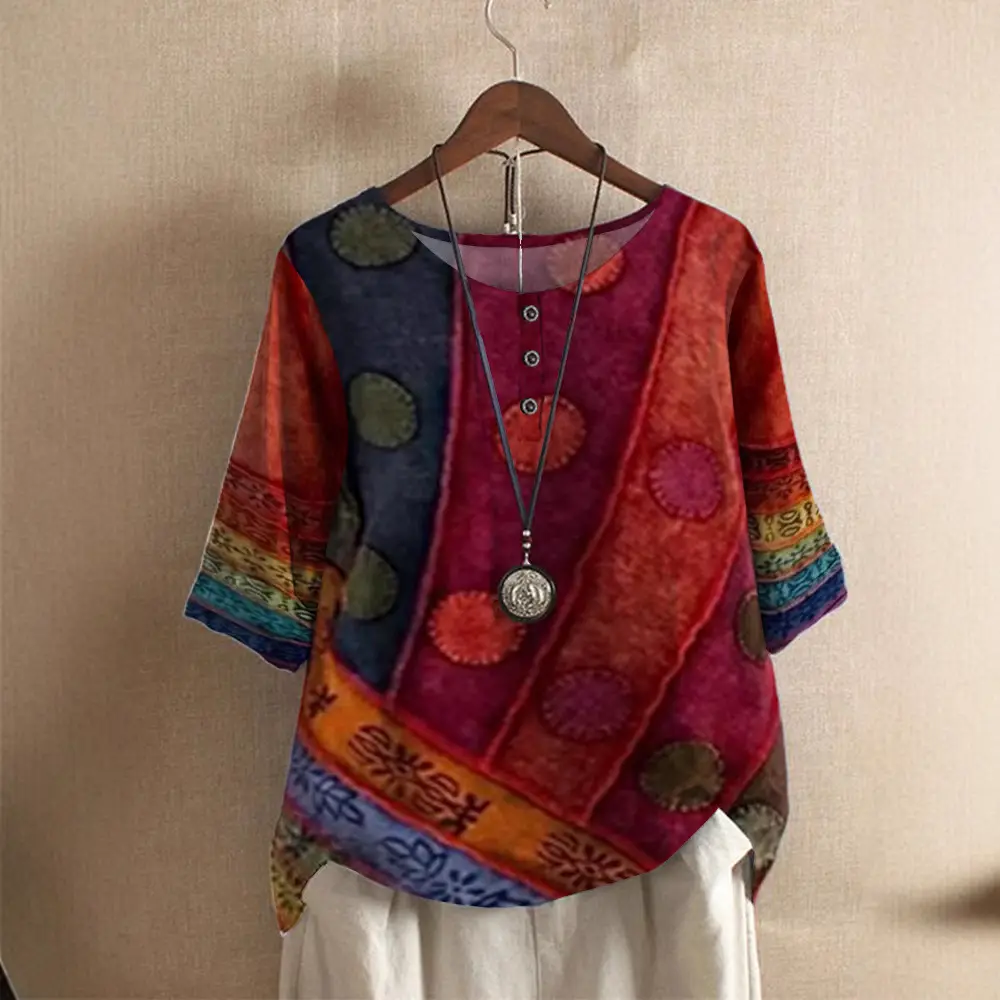Women's Green Printed Loose Top with Embroidered Sleeves
