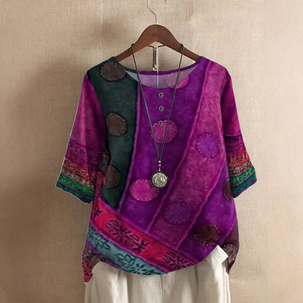 Women's Green Printed Loose Top with Embroidered Sleeves