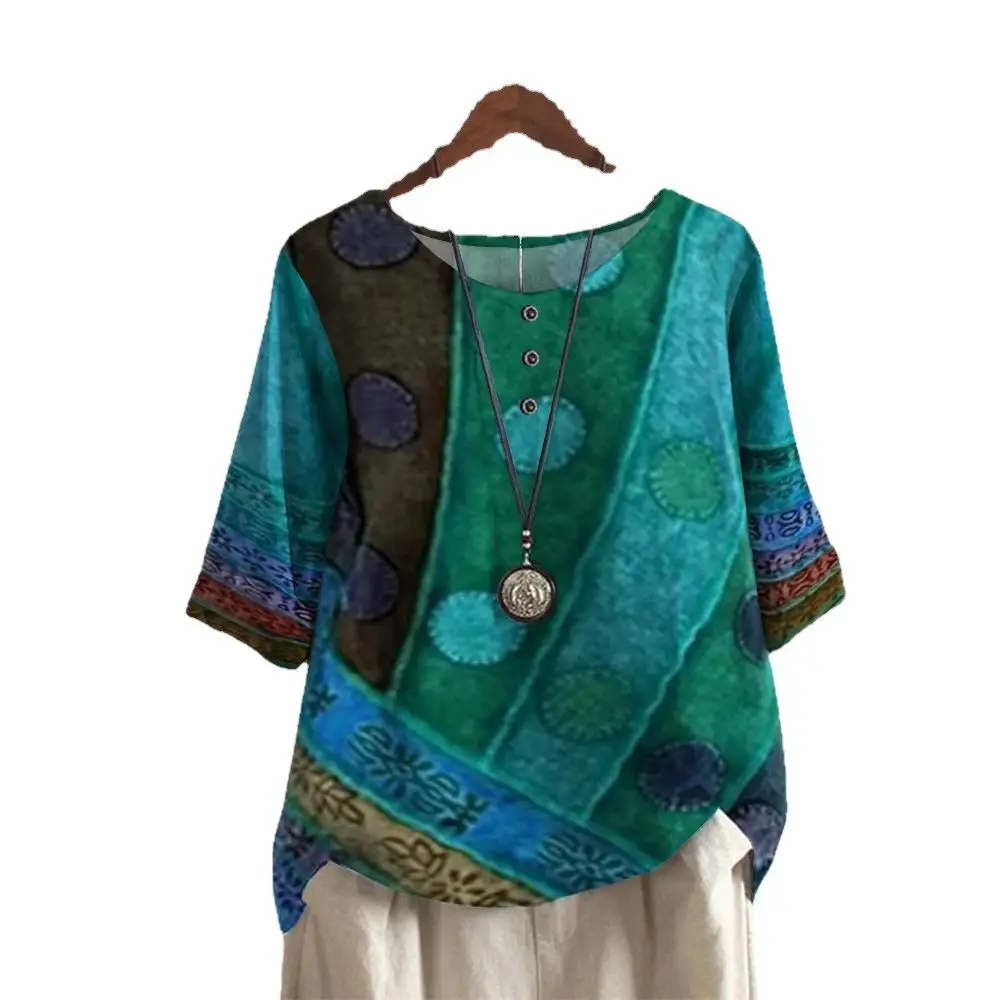 Women's Green Printed Loose Top with Embroidered Sleeves