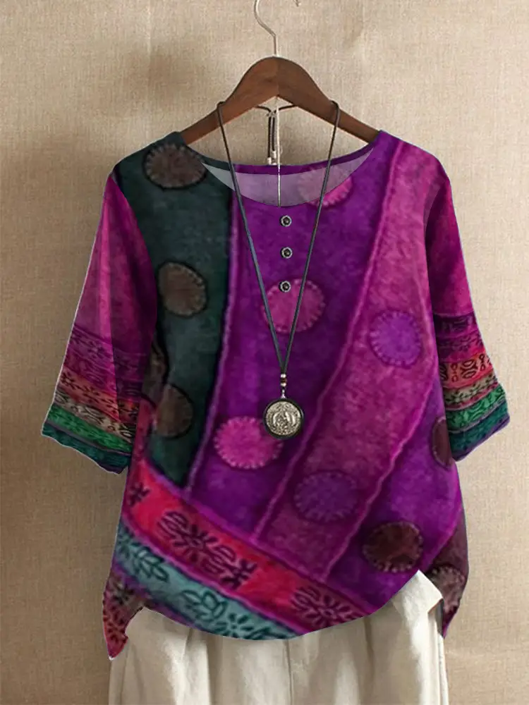 Women's Green Printed Loose Top with Embroidered Sleeves