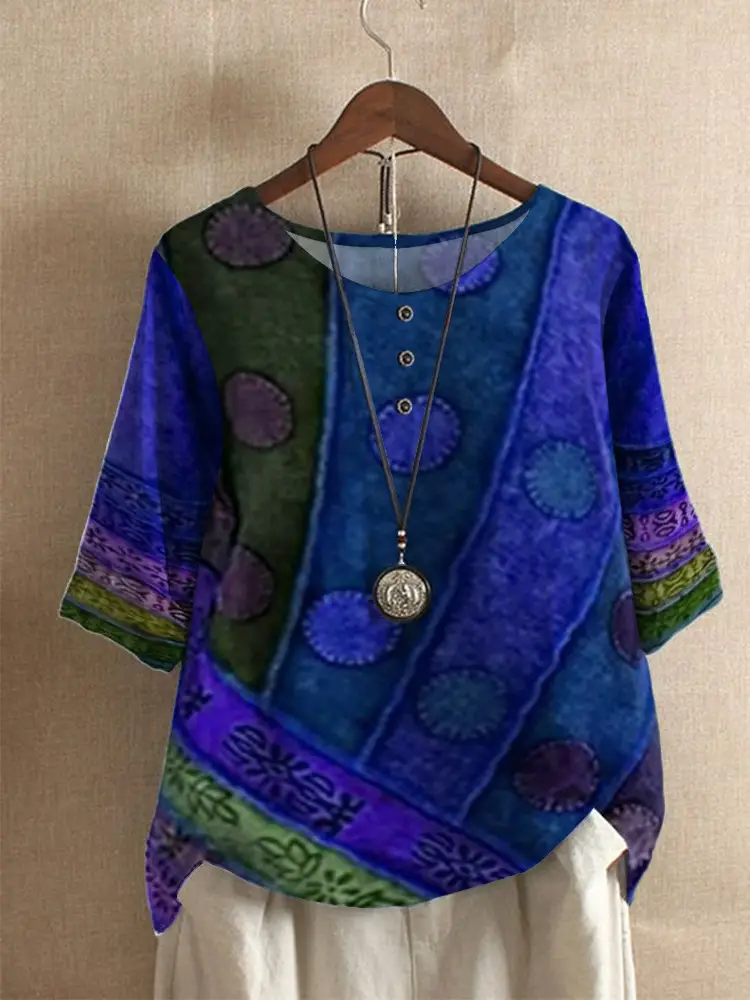 Women's Green Printed Loose Top with Embroidered Sleeves