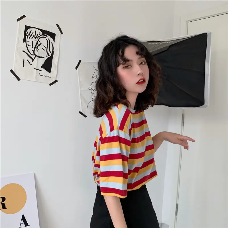 Women Striped T-Shirt Summer Loose Fit Korean Style - Image 4