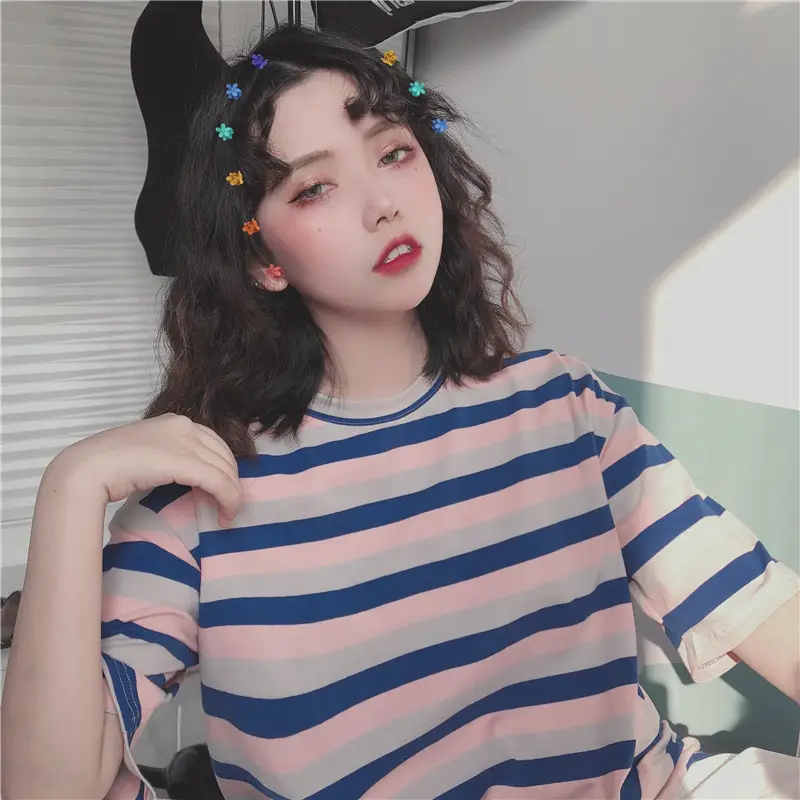Women Striped T-Shirt Summer Loose Fit Korean Style - Image 5