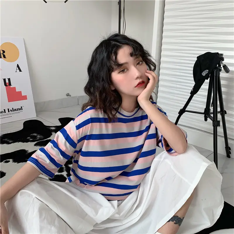 Women Striped T-Shirt Summer Loose Fit Korean Style - Image 6