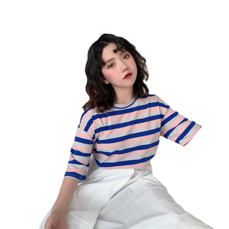 Women Striped T-Shirt Summer Loose Fit Korean Style - Image 7