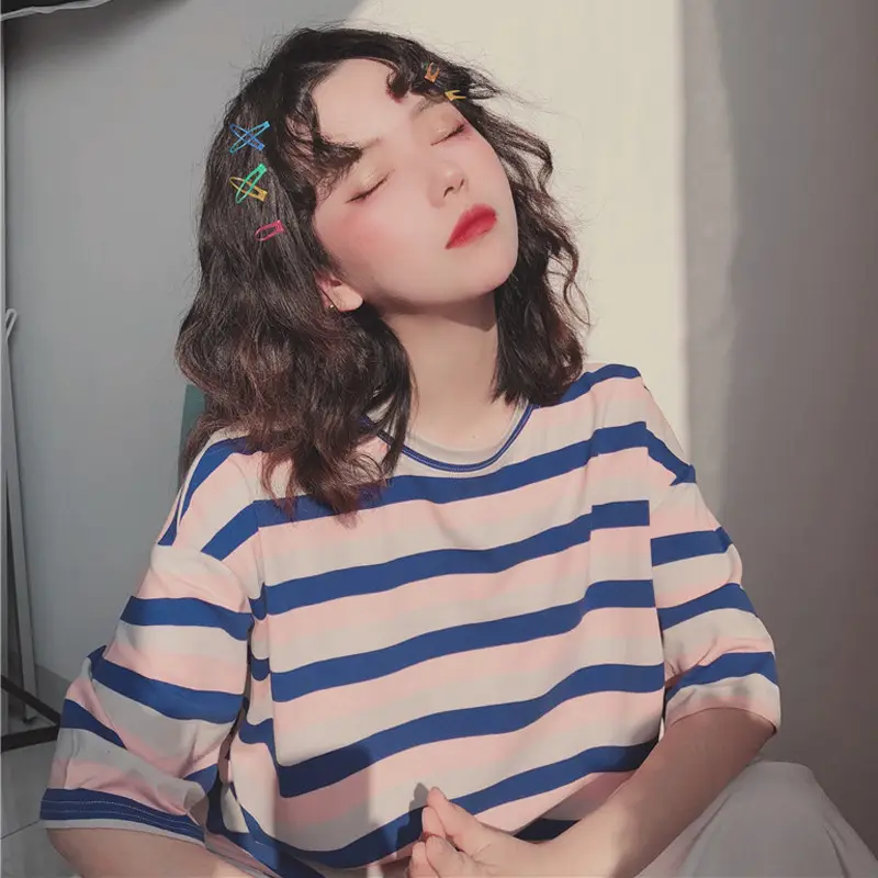 Women Striped T-Shirt Summer Loose Fit Korean Style — feature 15