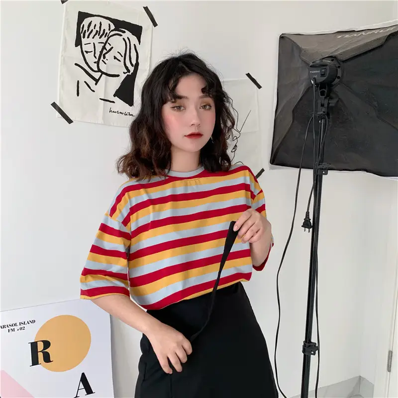 Women Striped T-Shirt Summer Loose Fit Korean Style — feature 4