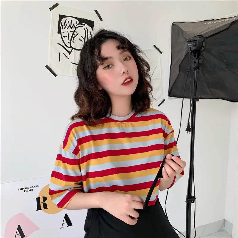 Women Striped T-Shirt Summer Loose Fit Korean Style — feature 5