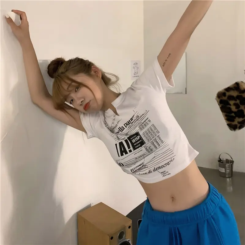 Women White V Neck Short Sleeve T-Shirt 2025 Summer — feature 12
