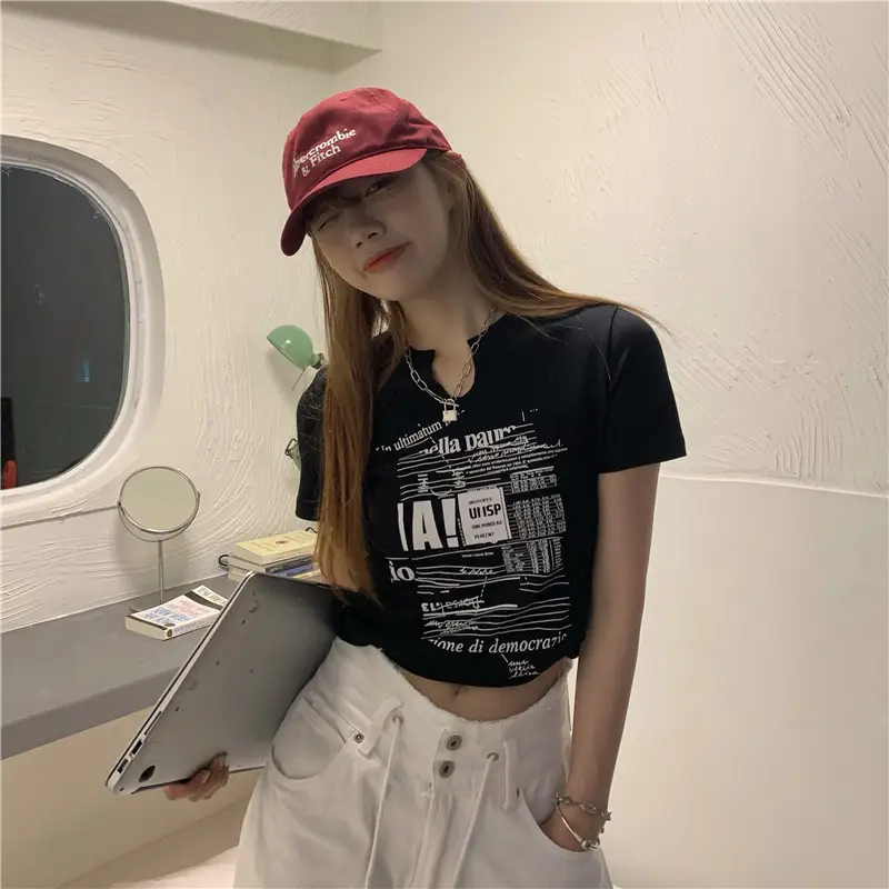 Women White V Neck Short Sleeve T-Shirt 2025 Summer — feature 15