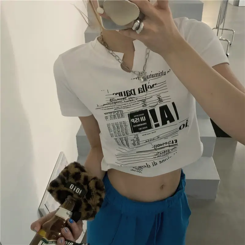 Women White V Neck Short Sleeve T-Shirt 2025 Summer — feature 4
