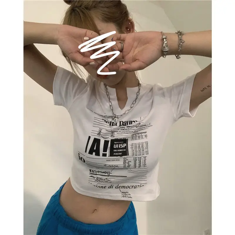 Women White V Neck Short Sleeve T-Shirt 2025 Summer — feature 6
