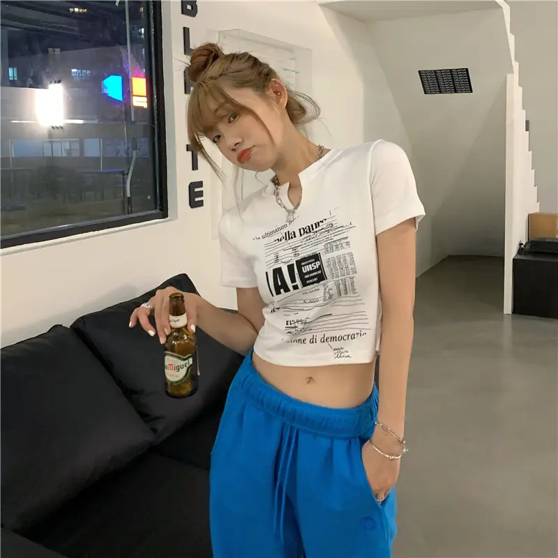 Women White V Neck Short Sleeve T-Shirt 2025 Summer — feature 9