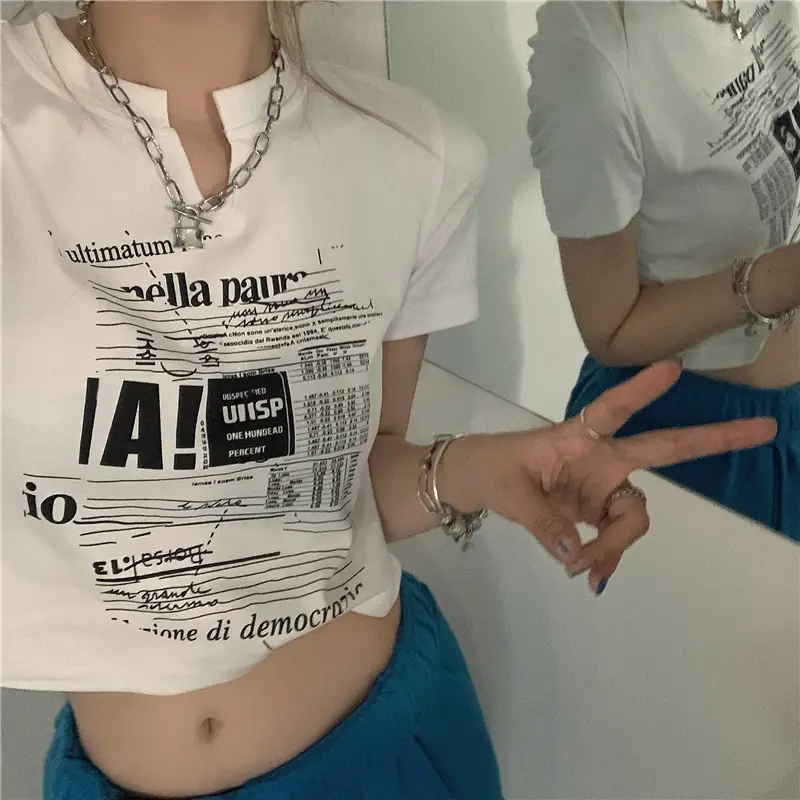 Women White V Neck Short Sleeve T-Shirt 2025 Summer - Image 2