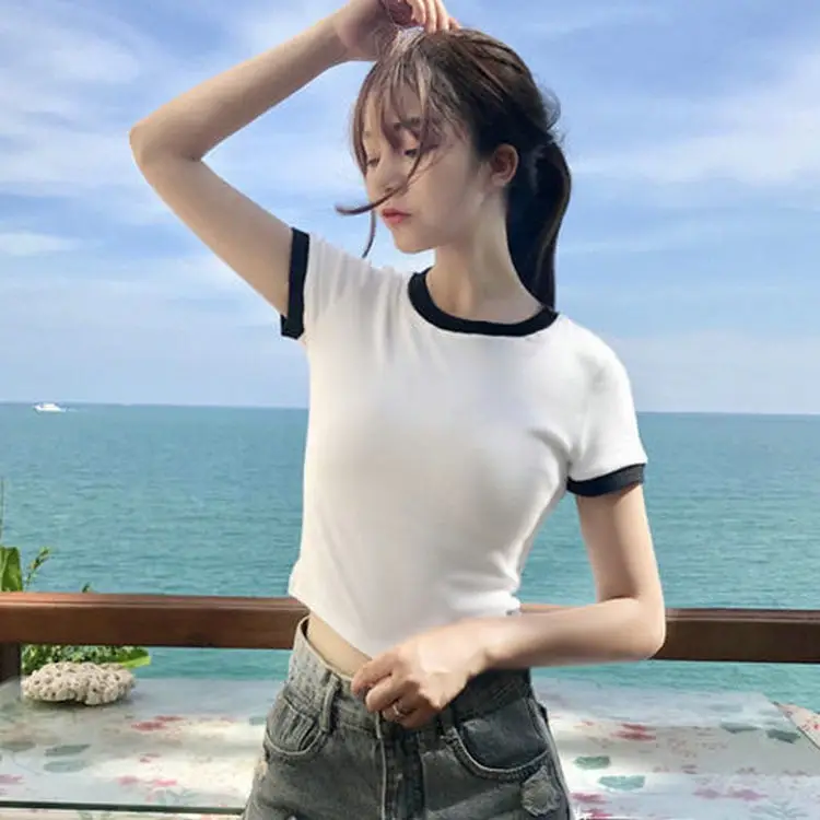 Women Short Sleeve T-Shirt White Black Slim Fit 2025 - Image 5