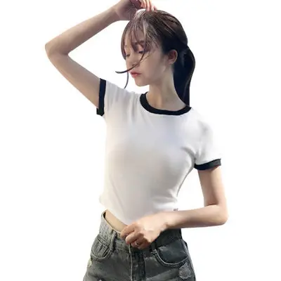 Women Short Sleeve T-Shirt White Black Slim Fit 2025 - Image 7