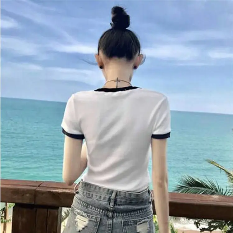 Women Short Sleeve T-Shirt White Black Slim Fit 2025 — feature 5
