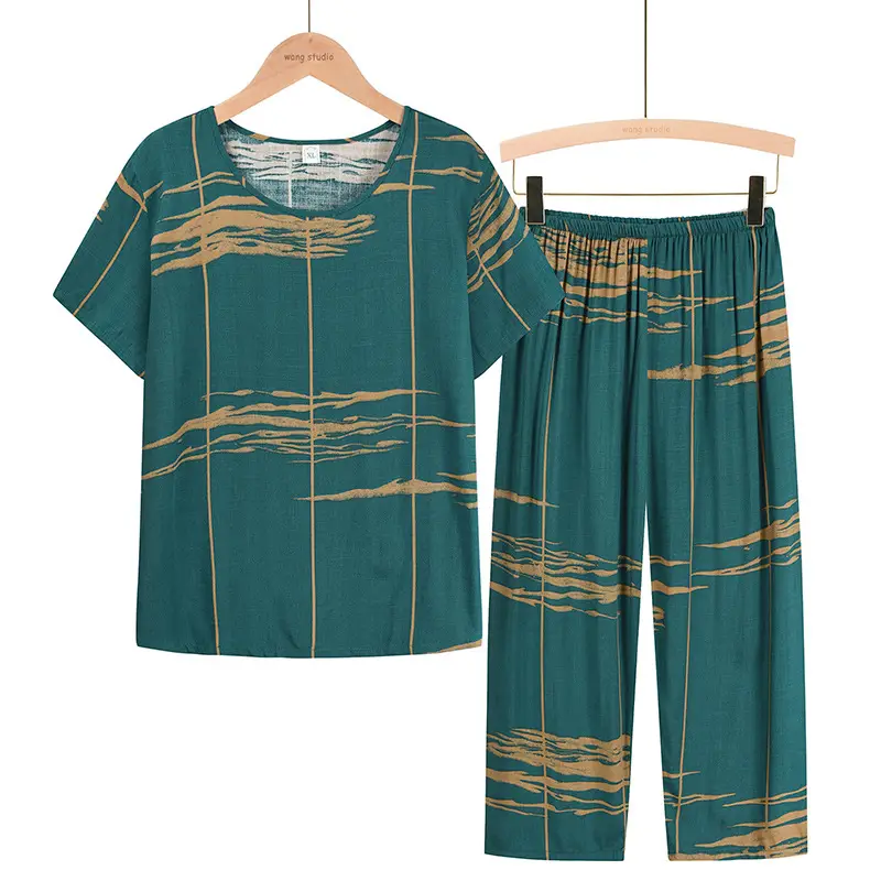 Middle-aged Women Cotton Silk 2-Piece Suit Teal Brown - Image 3