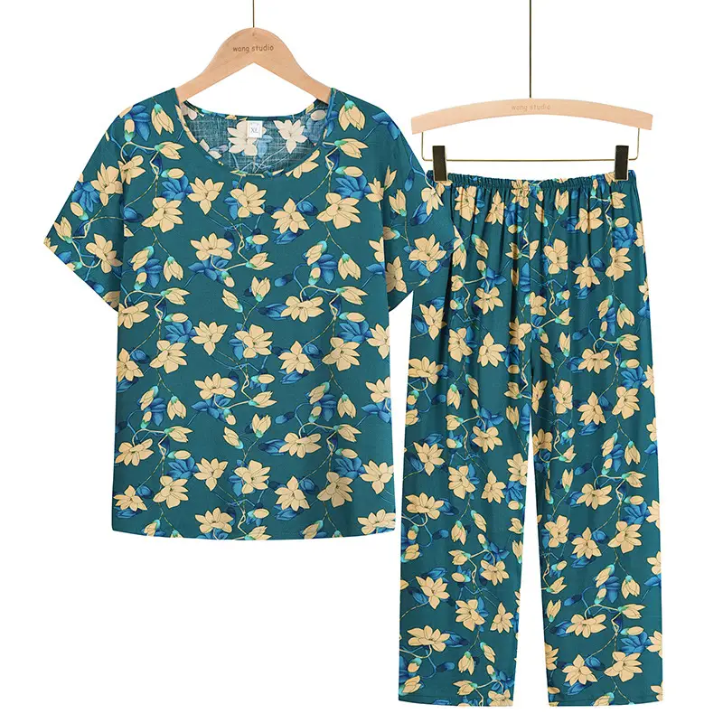 Middle-aged Women Cotton Silk 2-Piece Suit Teal Brown - Image 5