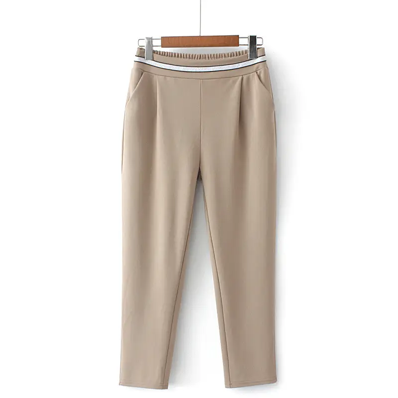 Women's Beige Elastic Cropped Pants Plus Size - Image 4