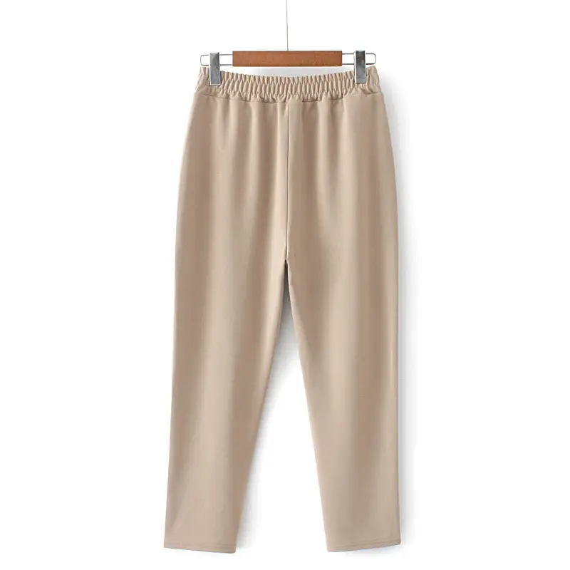 Women's Beige Elastic Cropped Pants Plus Size - Image 6