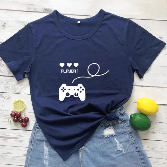 Player 1 Love Game Handle Couple T-Shirt Navy Blue