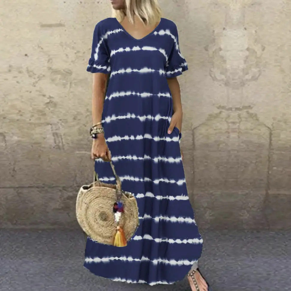 Purple Striped V-Neck Long Dress Large