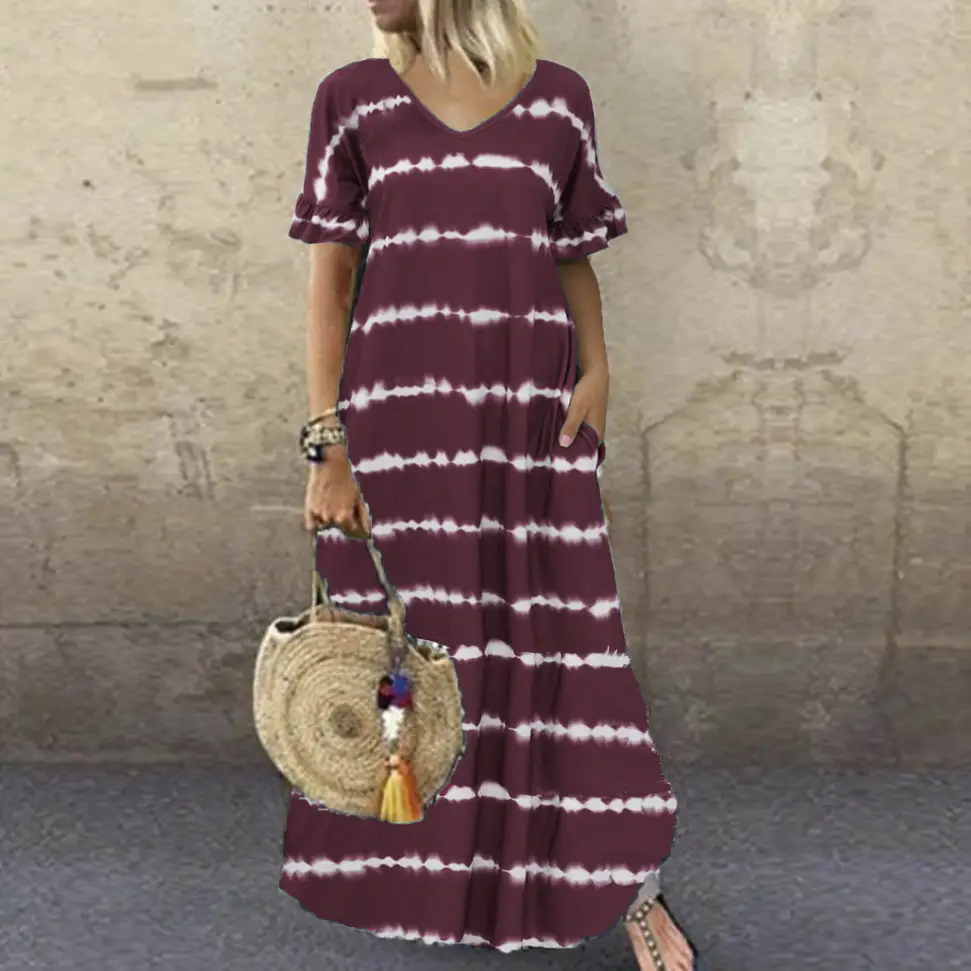 Purple Striped V-Neck Long Dress Large