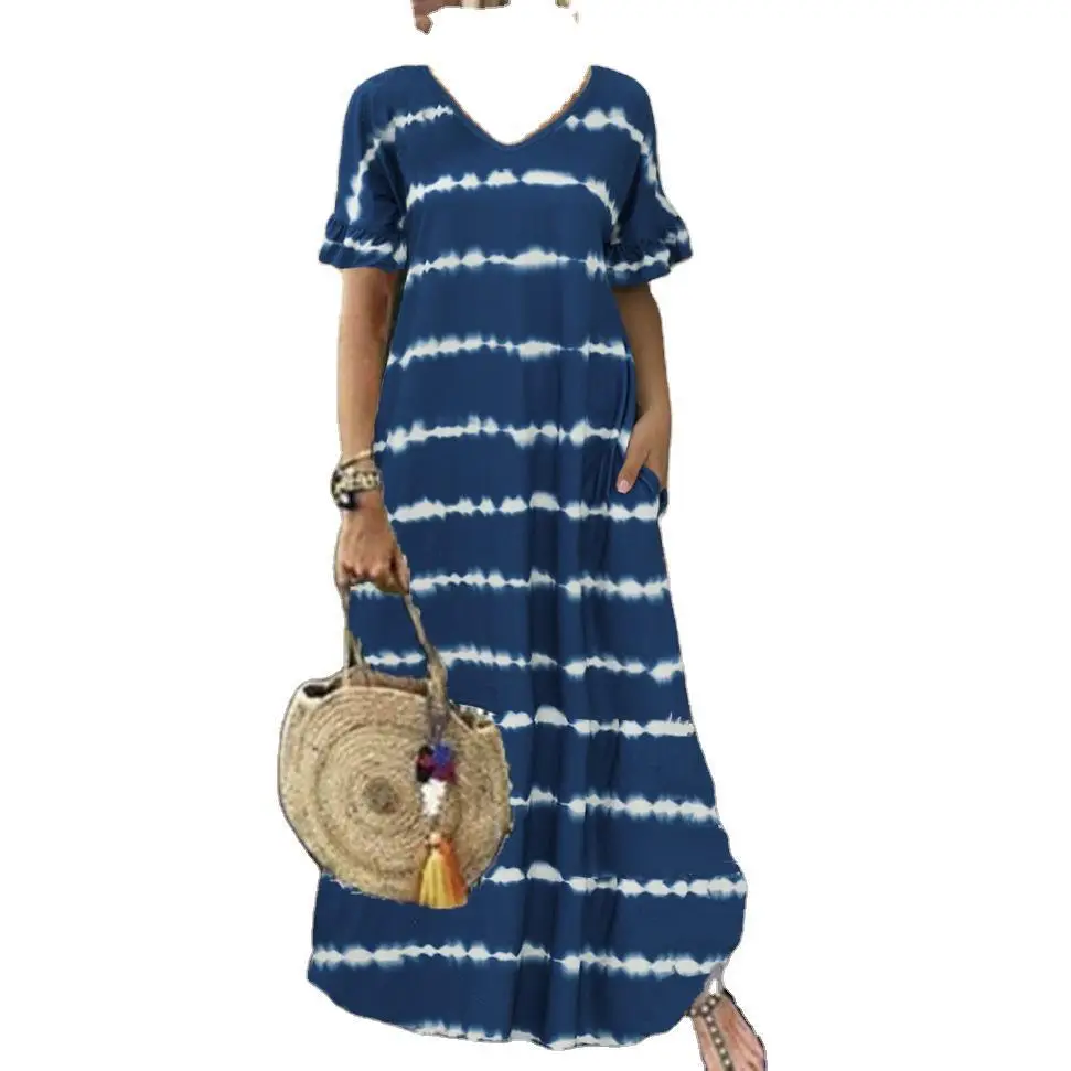 Purple Striped V-Neck Long Dress Large