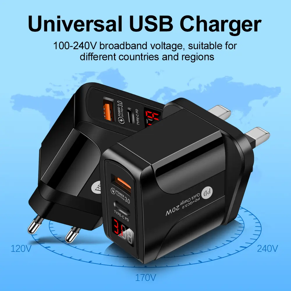 PD Digital 2USB Travel Charger 20W Type-C QC3.0 - Image 3