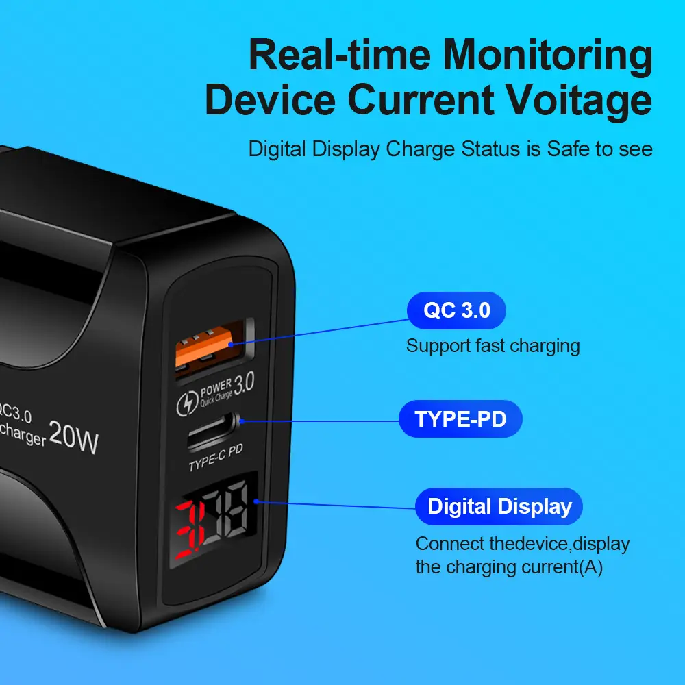 PD Digital 2USB Travel Charger 20W Type-C QC3.0 - Image 4