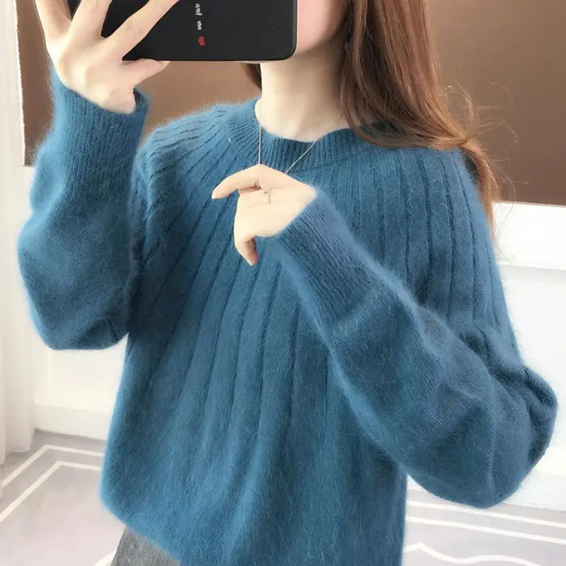 Women's Pink Lazy Pullover Sweater Round Neck 2021 - Image 4